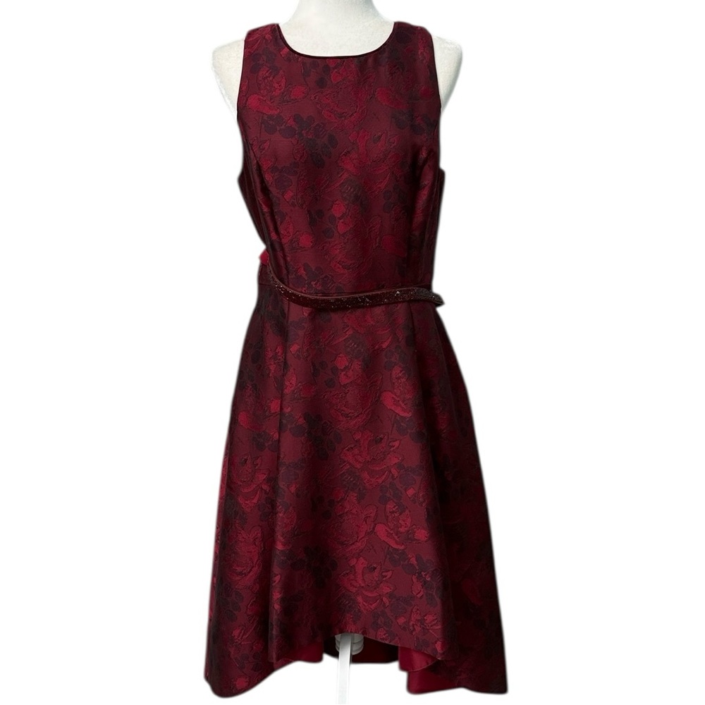 White House Black Market Jacquard Burgundy High Low Midi Dress Size 10